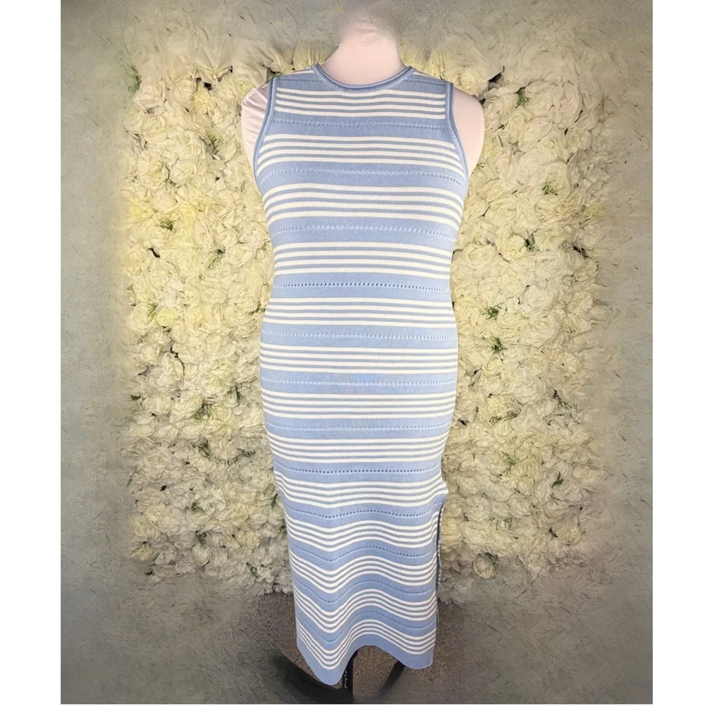 🌸 Light Blue & White Striped Knit Midi Dress | Size L 🌸 - Picture 2 of 11
